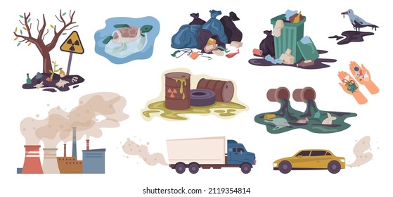 Water and air pollution, contamination of natural ecosystem and harm for animals and living creatures. Vector waste, oil spill, industries gas emissions in atmosphere, car and traffic flat cartoon set - Shutterstock ID 2119354814