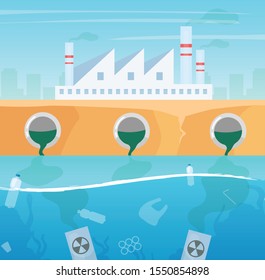 Water and air pollution flat vector illustration. Manufacture industry nature damage. Ecological catastrophe. Plastic garbage in ocean. Sea contamination. Industrial factory toxic pollutions