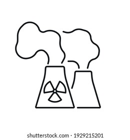 Water And Air Pollution Linear Icon. Nuclear Power Plant With Smoke. Environmental Diseases Factor, Industrial Contamination. Urban Chemical Polution. Vector Isolated Outline Drawing. Editable Stroke