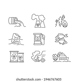 Water and Air pollution linear icons set. Environmental diseases factor, industrial contamination idea thin line illustration. Vector isolated outline drawing. Editable stroke