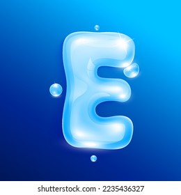 Water alphabet letter E. Font type uppercase letters isolated on blue background. Used for graphic design work. 3D Vector EPS10 illustration.