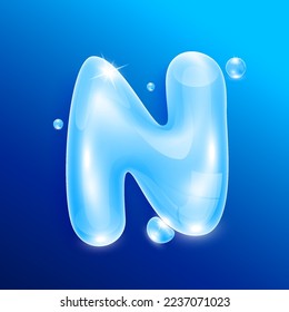 Water alphabet letter N. Font type uppercase letters isolated on blue background. Used for graphic design work. 3D Vector EPS10 illustration.