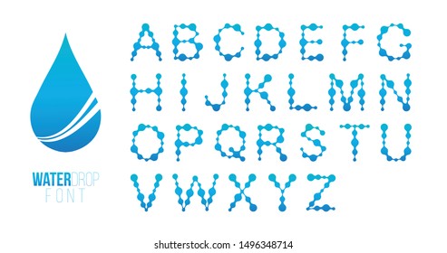 Water Alphabet molecule structure font with dot shape. perfect for technology,software, network and science brand. Liquid gradient shape, ecology with water