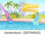 Water amusement park landscape with waterslides vector illustration. Cartoon red and yellow beach pool plastic slides, trampolines and screw pipe tunnels for swimming, summer waterpark attraction