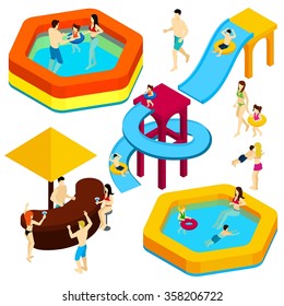 Water amusement park playground with slides and splash pads for family fun isometric banner abstract vector illustration