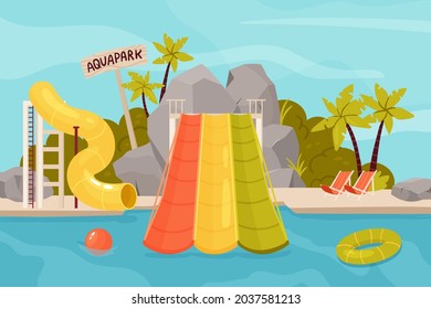 Water amusement park with slide for fun family vacation vector illustration. Cartoon swimming pool on tropical island beach, plastic tube waterslide for kids game with aquapark text background