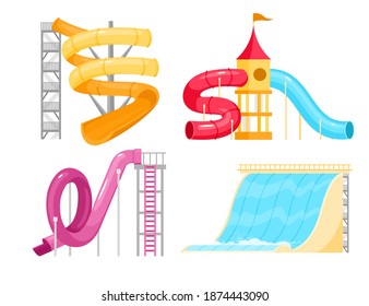 Water amusement park slides, pipe tubes vector illustration set. Cartoon plastic aquapark waterslides to swimming pool collection, waterpark spiral summer outdoor attraction for kids isolated on white