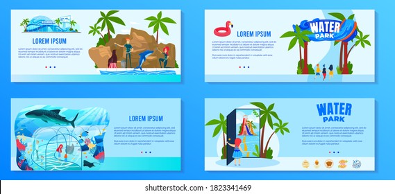 Water amusement park vector illustration set. Cartoon flat entertainment theme park banner collection with family people enjoying aqua attractions water slides, aquarium, summer vacation in aquapark