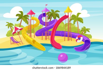 Water amusement park vector illustration. Cartoon aquapark summer resort with water pipes tubes to swimming pool, family and kids playground, outdoor waterslides in tropical beach landscape background