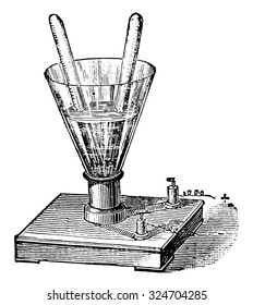 Water analysis by the battery, vintage engraved illustration. Industrial encyclopedia E.-O. Lami - 1875.
