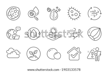 Water analysis, Cold-pressed oil and Startup line icons set. Wind energy, Dirty water and Sun protection signs. Bacteria, Hazelnut and Windy weather symbols. Cloudy weather, Walnut and Peas. Vector