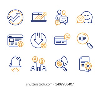 Water analysis, Loan percent and Audit icons simple set. Cashback, Ab testing and Sales diagram signs. Dating, Clock bell and Favorite symbols. Line water analysis icon. Colorful set. Editable stroke