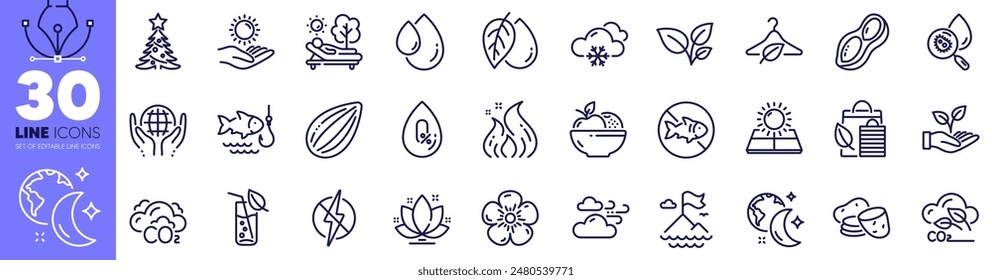 Water analysis, Potato and Organic tested line icons pack. Lotus, Fishing, Natural linen web icon. Sun protection, Antistatic, Co2 pictogram. Mineral oil, No alcohol, Slow fashion. Vector