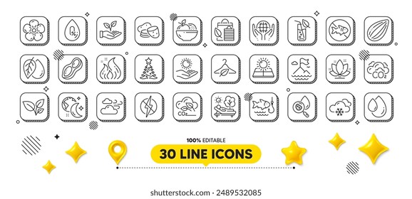 Water analysis, Potato and Organic tested line icons pack. 3d design elements. Lotus, Fishing, Natural linen web icon. Sun protection, Antistatic, Co2 pictogram. Vector