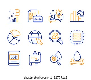 Water analysis, Search employees and Pie chart icons simple set. Cpu processor, Internet and Bitcoin graph signs. Journey path, Decreasing graph and Idea symbols. Line water analysis icon. Vector