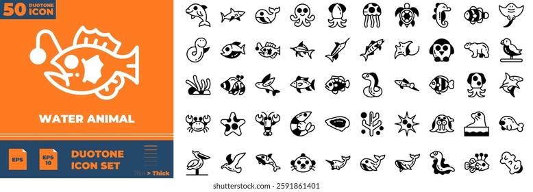 Water Animal Duotone Editable Icons set. Vector illustration in modern thin duotone style of water animal icons: fish, sea, underwater, etc