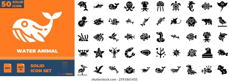 Water Animal Solid Editable Icons set. Vector illustration in modern thin solid style of water animal icons: fish, sea, underwater, etc