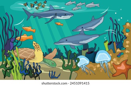 Water animals composition showing jellyfish, dolphin, fish, starfish and tortoise