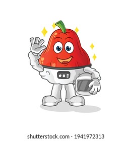 water apple astronaut waving character. cartoon mascot vector