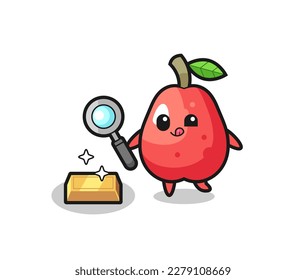 water apple character is checking the authenticity of the gold bullion , cute style design for t shirt, sticker, logo element