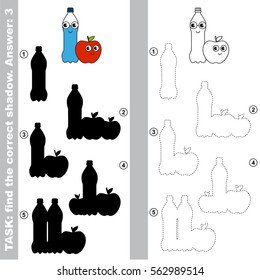 Water and apple with different shadows to find the correct one, compare and connect object with it true shadow, the educational kid game with simple gaming level.