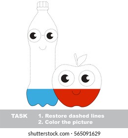 Water and Apple. Dot to dot educational game for kids. Half tracing worksheet to be colored.