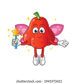water apple fairy with wings and stick character. cartoon mascot vector