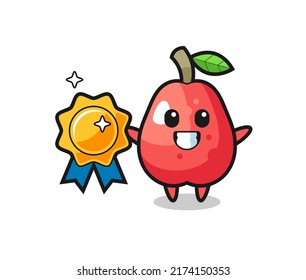 water apple mascot illustration holding a golden badge , cute style design for t shirt, sticker, logo element