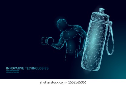 Water aqua bottle athlete rehydration concept. Health care against dehydration isotonic electrolytes drink. Dumbbell workout strong man fitness gym exercise. Low poly 3D vector illustration