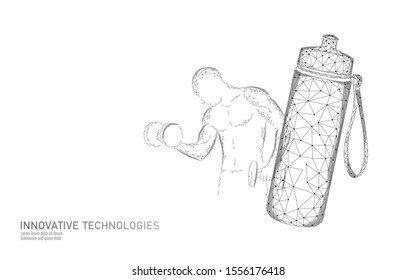 Water aqua bottle athlete rehydration concept. Health care against dehydration isotonic electrolytes drink. Dumbbell workout strong man fitness gym exercise. Low poly 3D vector illustration