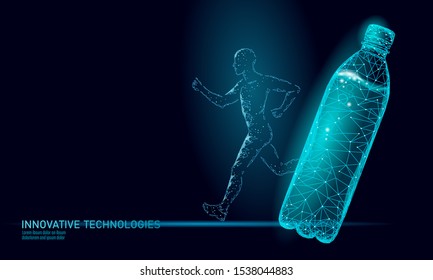 Water Aqua Bottle Jogger Rehydration Concept. Health Care Against Dehydration Isotonic Electrolytes Drink. Runner Sportsman Low Poly 3D Vector Illustration