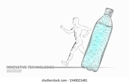 Water aqua bottle jogger rehydration concept. Health care against dehydration isotonic electrolytes drink. Runner sportsman low poly 3D vector illustration