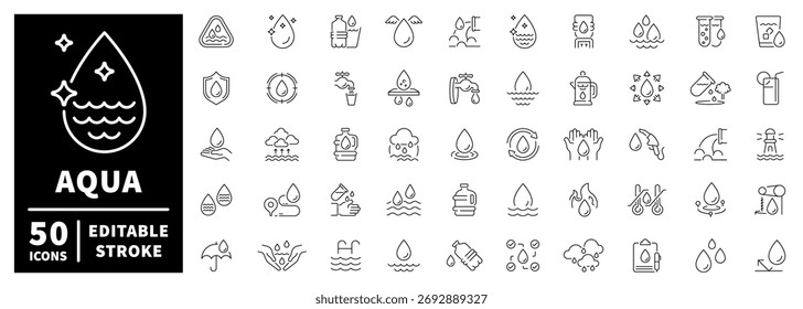 Water and aqua icons set. editable line icons, linear hydration symbols