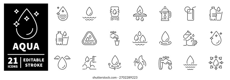 Water and aqua icons set. editable line icons, outline, hydration and fluids
