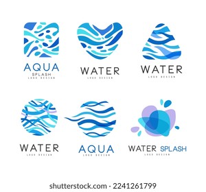 Water and Aqua Logo Design with Blue Splashes and Fluid Wave Shape Vector Set