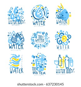 Water or aqua set for logo design. Organic, natural and healthy drinks. Colorful hand drawn illustrations