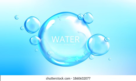Water background, air bubble spheres on blue aqua backdrop. Template for advertising, Save planet resources and ecology protection concept with liquid balls or drops, Realistic 3d vector illustration