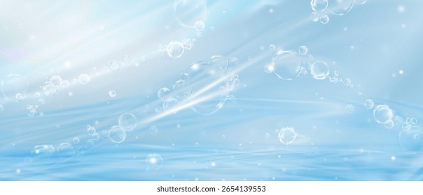 Water background, Blue water texture 3d Liquid bubble under blue water molecule mixed with moisturizer concept for Cosmetic Essence,Spa,Teactment product design background,Vector for Beauty banner