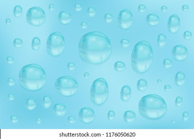Water background with water drops. Blue water bubbles. Vector 3d Illustration