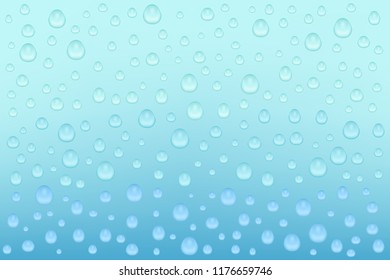 Water background with water drops. Blue water bubbles. Vector 3d Illustration