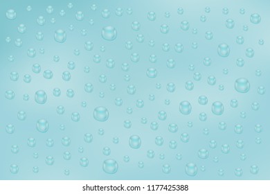 Water background with water drops. Blue water bubbles. Vector 3d Illustration