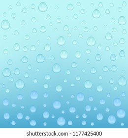 Water background with water drops. Blue water bubbles. Vector 3d Illustration