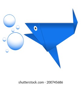 Water background. Paper blue fish and bubbles on white