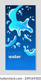 Fondo de agua. Anuncio de Vertical con salpicaduras y gotas de líquido azul, caída de gotas oceánicas, onda marina. Diseño de embalaje de Producto. Puro volante de agua. Ilustración aislada de estilo plano de dibujos animados de Vector