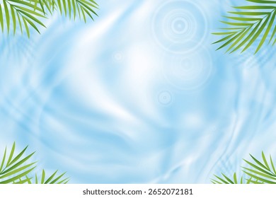 Fundo de água, água azul e movimento de ondas na piscina com coqueiro palma deixar sombra.Verão superfície de ondas do mar com efeito de luz,Natureza primavera frescura Zen para spa,produto cosmético

