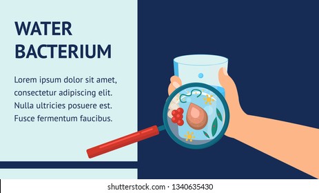 Water Bacterium Vector Web Banner With Text Space. Hand Holding Glass With Dirty Liquid. Microbe Under Magnifier. Brown Liquid Drop. Water Research. Laboratory Test. Microorganisms In Fluid