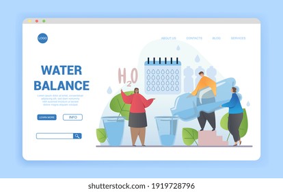 El agua equilibra el concepto abstracto con la pequeña población multiétnica tomando agua. Ilustración vectorial de dibujos animados planos. Sitio web, página web, plantilla de página de inicio