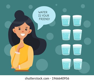Water balance concept. Young girl and glasses of water. Daily hydration norm for human body. Vector cartoon character. The concept of a healthy lifestyle.