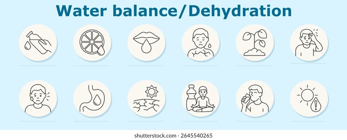 Ícone do conjunto de balanço hídrico e desidratação. Representa garrafa, citrinos, lábios, pessoa suando, planta murcha, dor de cabeça, face chateada, estômago, chão rachado, meditação, beber, aviso de sol