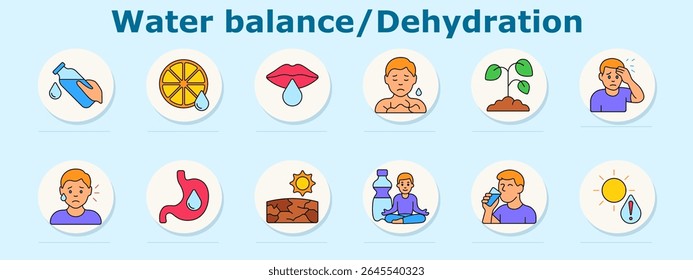 Ícone do conjunto de balanço hídrico e desidratação. Representa garrafa, citrinos, lábios, pessoa suando, planta murcha, dor de cabeça, face chateada, estômago, chão rachado, meditação, beber, aviso de sol